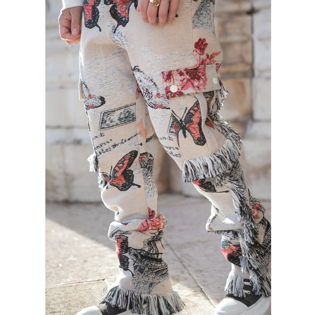 Tassel tapestry butterfly print street pants