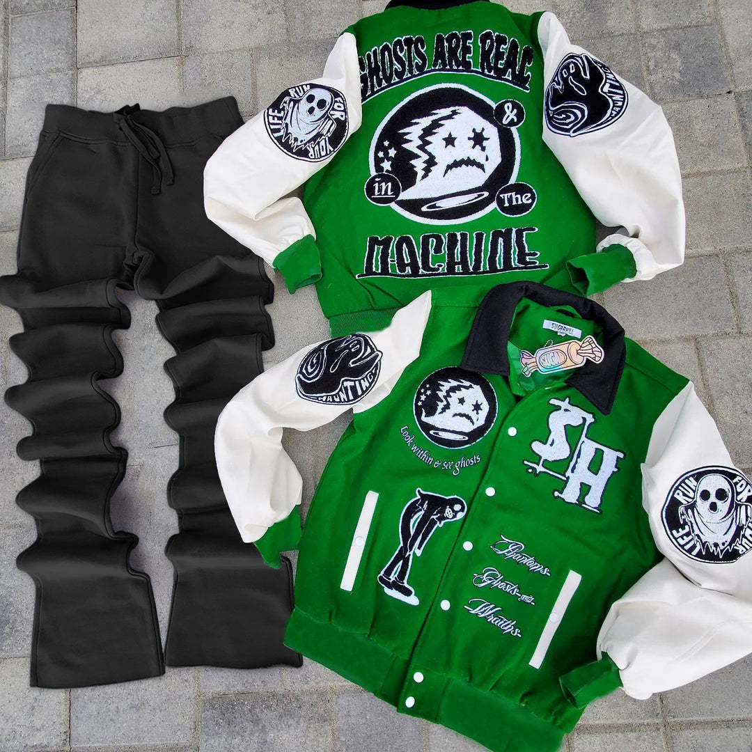 Casual personalized printed retro baseball team jacket and pants two-piece set