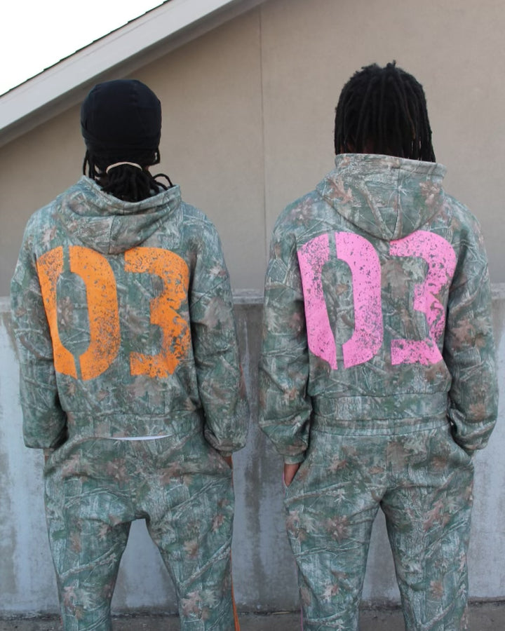 Street Camouflage Letter Patch Embroidered Zipper Hoodie Camouflage Pants Set