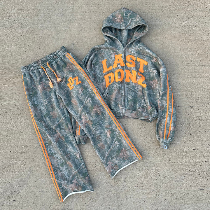 Street Camouflage Letter Patch Embroidered Zipper Hoodie Camouflage Pants Set