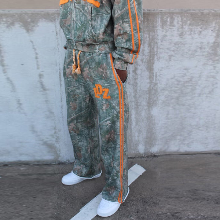 Street Camouflage Letter Patch Embroidered Zipper Hoodie Camouflage Pants Set