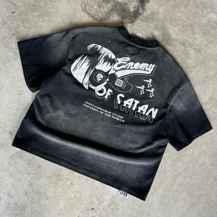 Retro street style distressed printed T-shirt