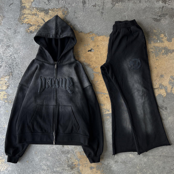 Gradient Vintage Graphic Zip-Up Hoodie Set