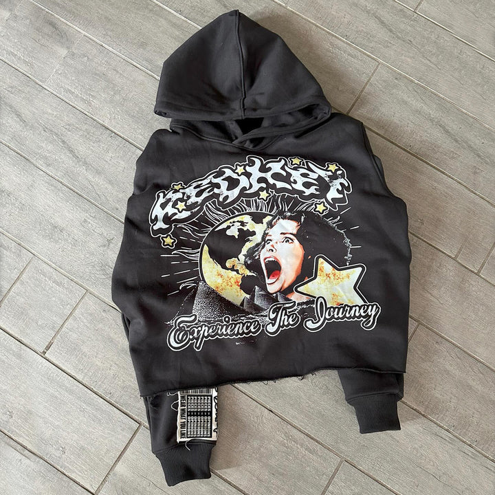 Casual rolled hem printed hoodie