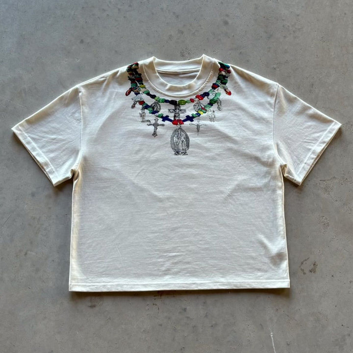 Language Necklace Print Short Sleeve T-Shirt