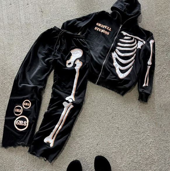 Skeleton Print Zip-Up Hoodie Set