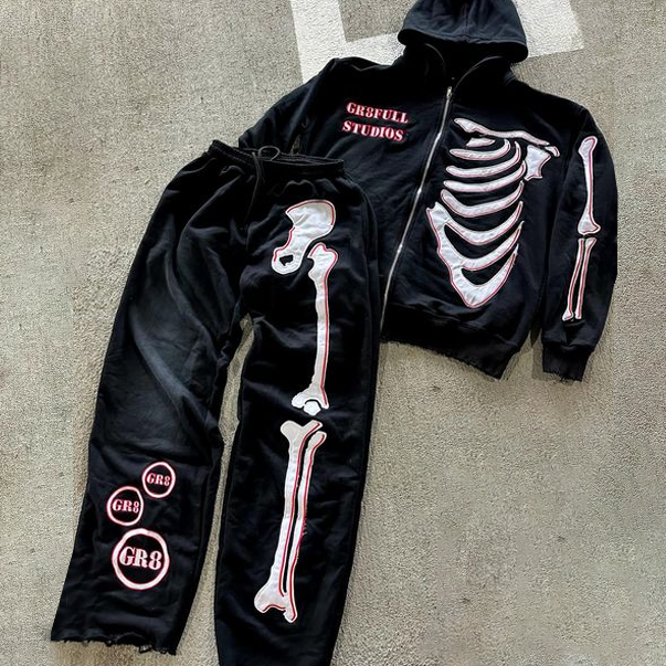 Skeleton Print Zip-Up Hoodie Set