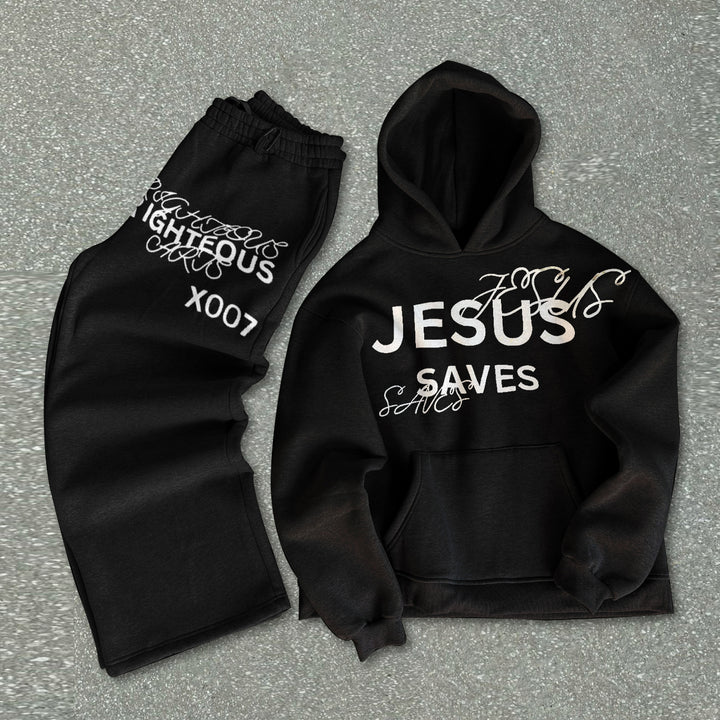 Religious Retro Letters Print Long Sleeve Hoodie Pants Set