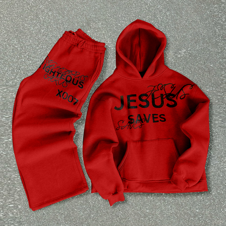 Religious Retro Letters Print Long Sleeve Hoodie Pants Set