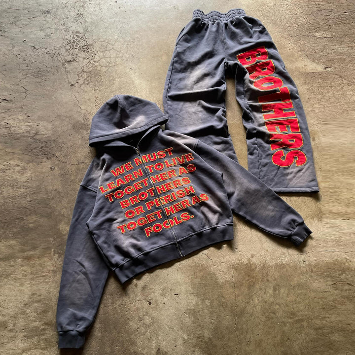 Street Lettering Design Zip-Up Hoodie Trousers Two-Piece Set