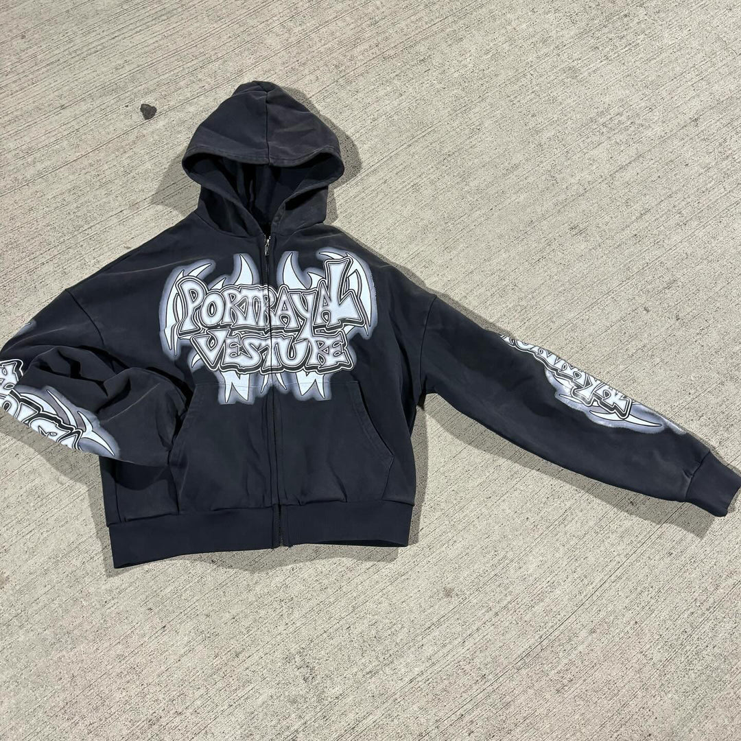 Casual Zipper Printed Hoodie Set