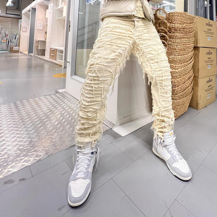 Street fringed patchwork denim layered pants