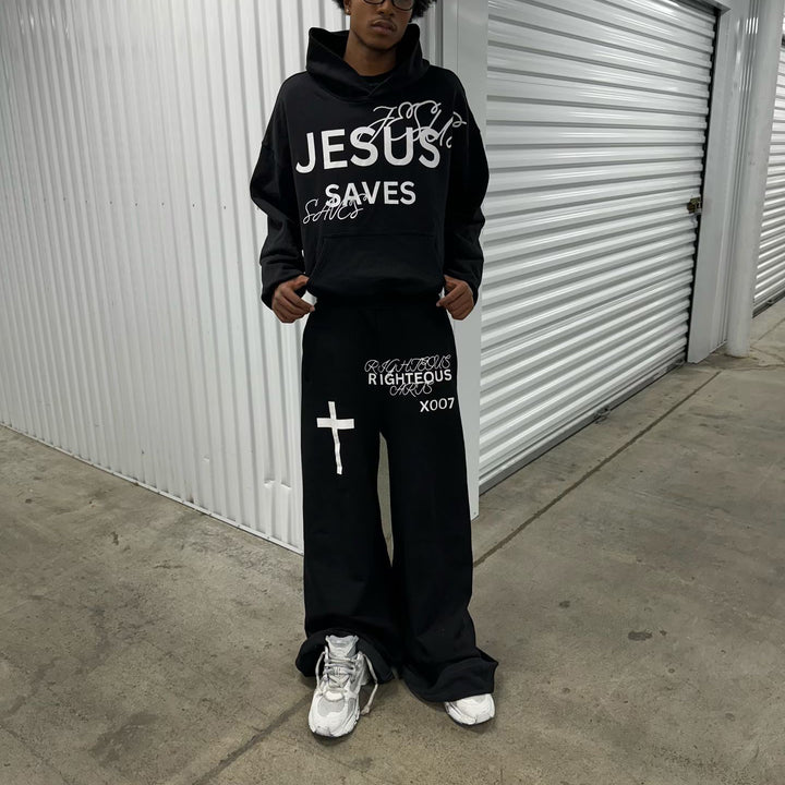 Religious Retro Letters Print Long Sleeve Hoodie Pants Set