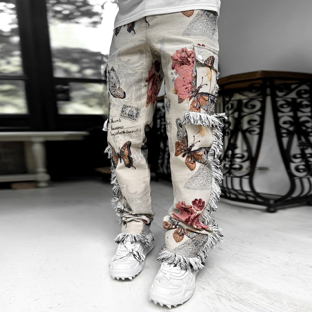 Tassel tapestry butterfly print street pants