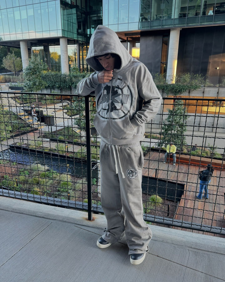 Cement Grey Zip-Up Hoodie and Pants Two-Piece Set