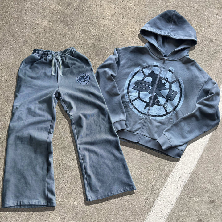 Cement Grey Zip-Up Hoodie and Pants Two-Piece Set