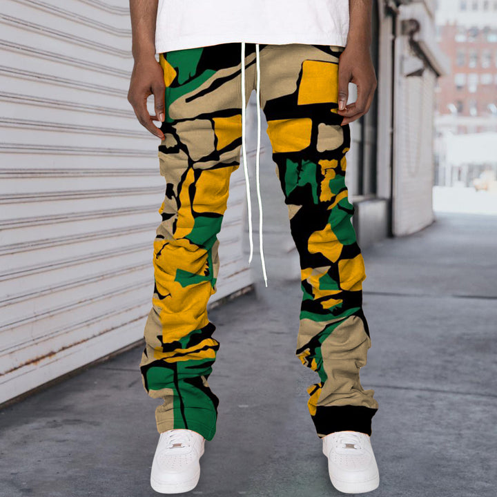 Contrasting color retro trendy brand printing stacked pants trousers